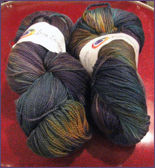 yarn in deep purples, greens and rust and such